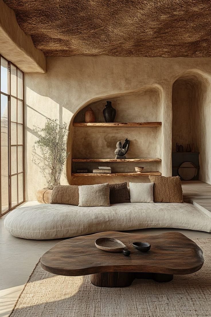 Interior of a clay farmhouse with sculptural wood furniture and curved plaster walls
