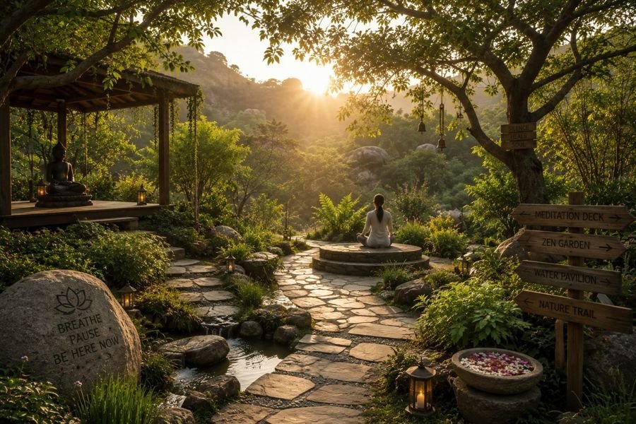 A quiet meditation deck at sunrise among the trees