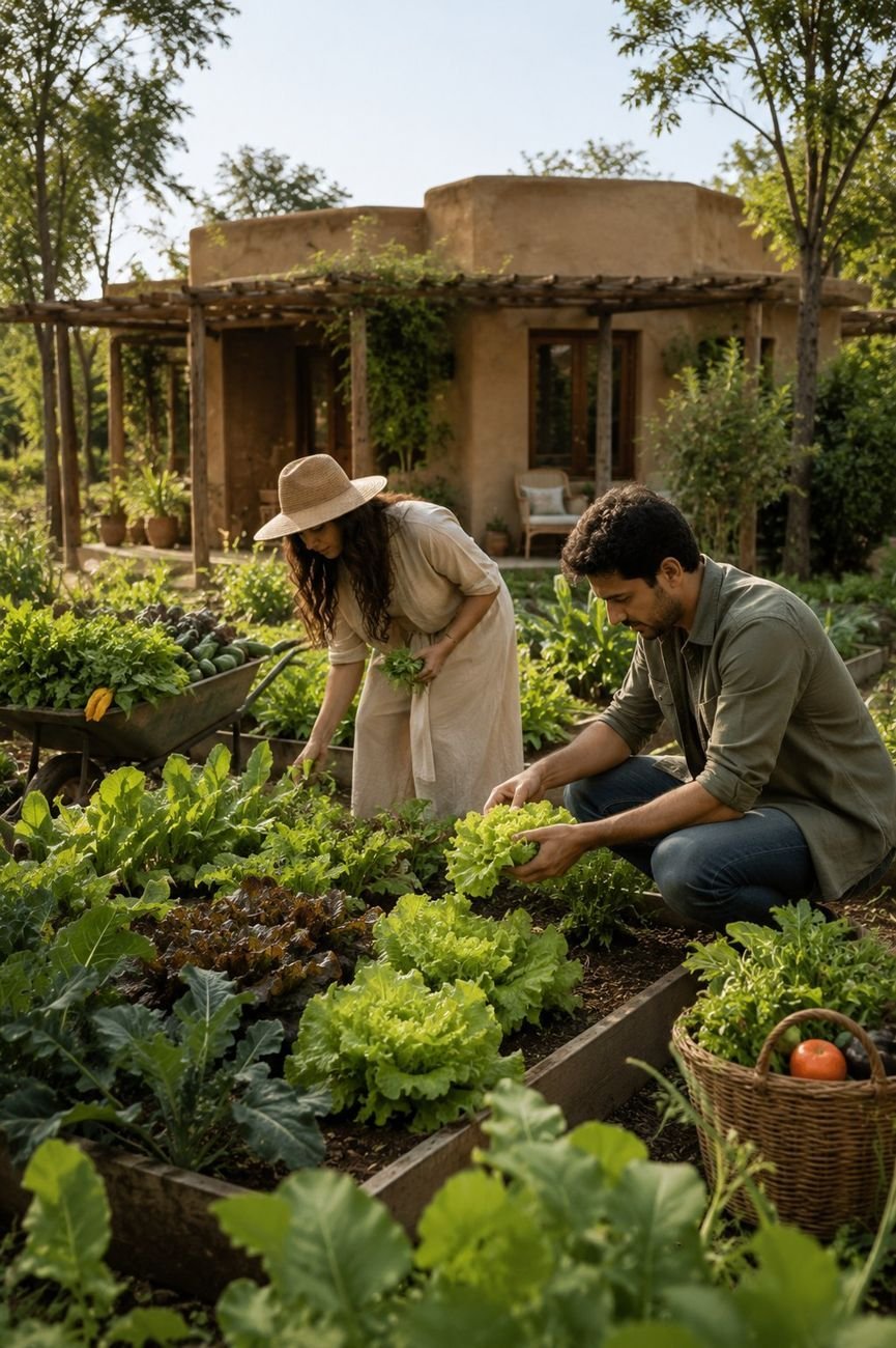 Residents harvesting vegetables in the shared organic farm plots