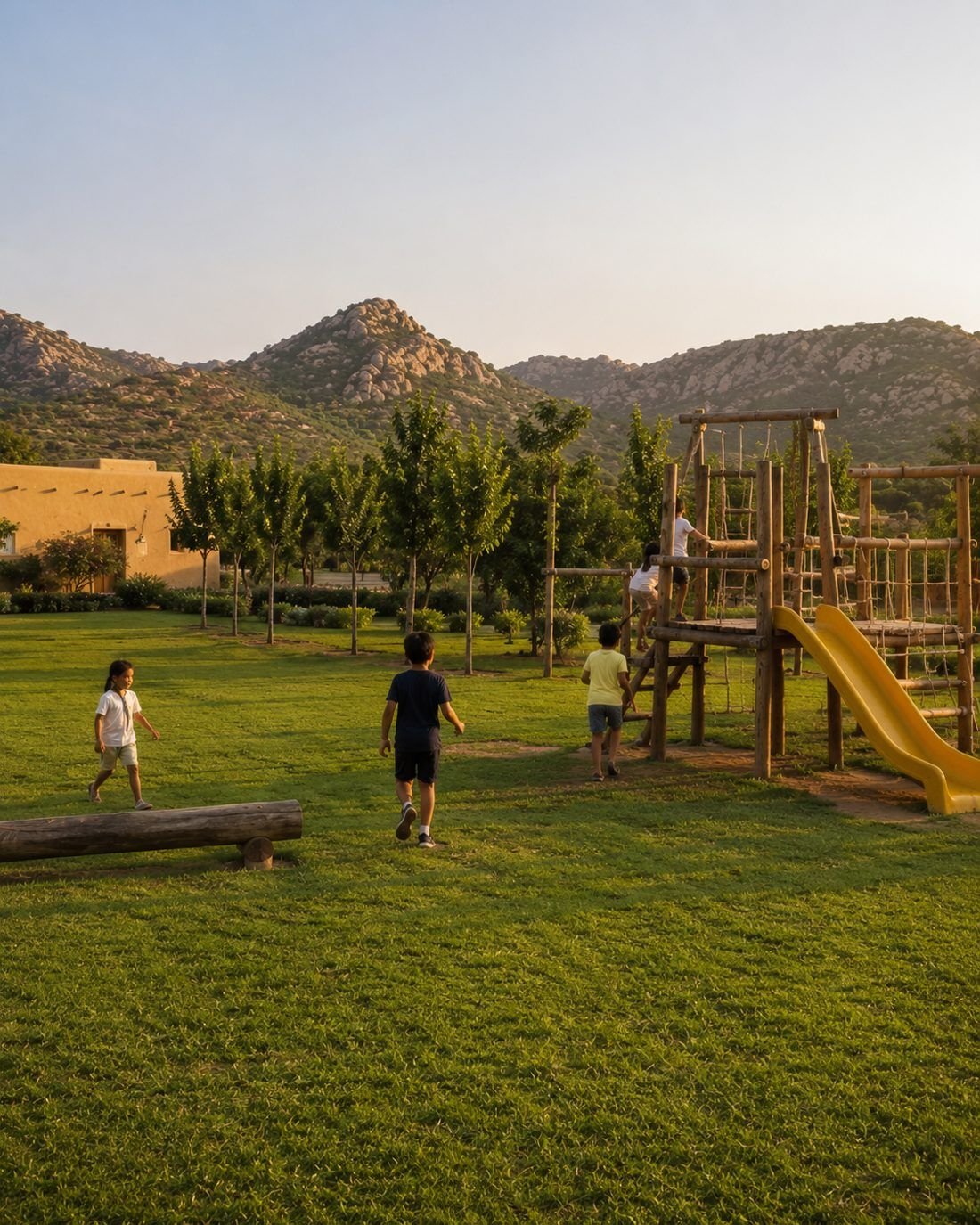 Children climbing a tree at golden hour