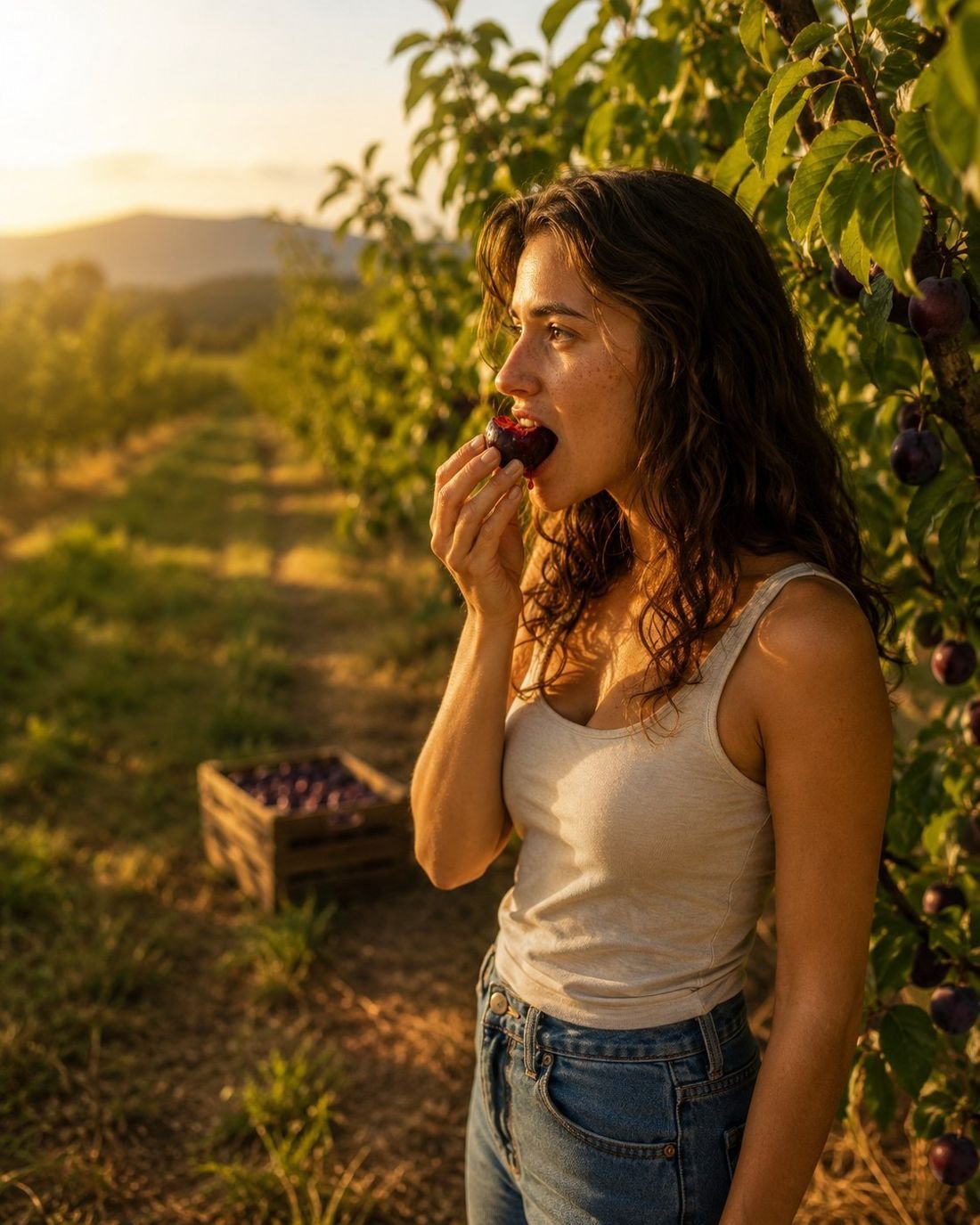 Tasting the first plum of the harvest in the orchard